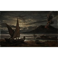 Johan Christian Dahl Black Ornate Wood Framed Double Matted Museum Art Print pod nazivom: Vesuvius u erupciji. Mjesečina