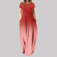 USMIXI Formalne haljine za žene na plaži modni salozi maxi sandresses sa džepnim posadom gradijent kratkih rukava za tisak ljeta duga haljina crvena s