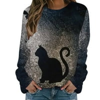 Ženska casual crewneck dugim rukavima s dugim rukavima majice Labavi pulover vrhove grafičke mačke ispise