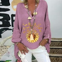 Onhuon ženske ležerne gornje pune boje bluza od suncokreta s tiskanim tunikom V izrez majica s dugim