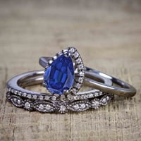 2. CT - tamna laboratorija u obliku kruške stvorena plava safir - antikni vjenčani prsten - Trio modernog
