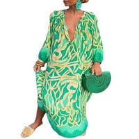 NOILLA Ženska haljina Dugme Down Maxi haljine dame dugih rukava Geometrijski V izrez Zelena L