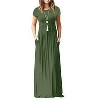 Ženska casual duga haljina od pune boje kratkih rukava Summer Outfit Maxi haljina sa džepom