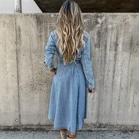 Lopecy-Sta ženska proljeća jesen rever traper casual tipka za džep visoki struk čipkani haljina Dress Dress Clearence Žene oblače ljetne haljine za žene plavo
