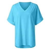 Ženske modne košulje Solidne boje tiskastim vrhovima Comfy casual labave bluze Regularna moć odjeću za djevojke V-izrez majica kratkih rukava, plavi l popust