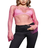 Žene Vidjeti bluzu za bluzu od mreže Rhinestones Okrugli vrat dugih rukava Fishnet Fishs Tops Bikini