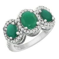 14k bijeli zlatni prirodni kabochon smaragd & smaragd 3-kameni prsten ovalni dijamant akcent, veličina 8.5