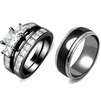 Par prsten za prsten ženski kamen tip Princess CZ Crni prsten za angažman od nehrđajućeg čelika Muške