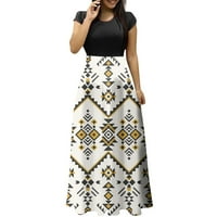 Ženski modni povremeni etnički print okrugli vrat kratkih rukava duge haljine velike veličine