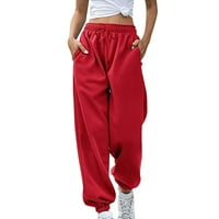 Ženske modne ležerne hlače od solidne elastične struke duge ravne hlače crvene s