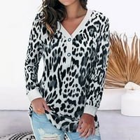 Žene dugih rukava V Vrat Henley Camo Leopard Tops casual labavog bluza tunika majica yutnsbel