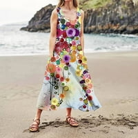 Ženska ljetna casual modna cvijeća tiskana bez rukava okrugla džepne haljine za žene za žene