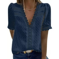 Outfmvch ženski vrhovi modni čipka kratkih rukava casual majica V-izrez pune boje