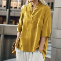 LMTIME ženske majice kratkih rukava ljeto posteljina V rect ovratnik na vratu niz majice bluze sa džepovima Yellow XXXL