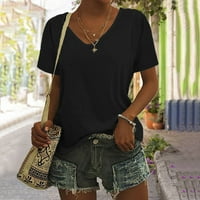 Ženske ljetne osnove Majica Solid Color Fashion V izrez Kratki rukav Loop, crni, XXL, 95% poliester,