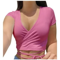 Ženske slatke gornje usjev kratkih rukava u obliku rukava ruched tanka obrezana majica