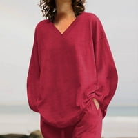 Dianli Ljeto Set Solid Trendi pamučni posteljini opušteni fit ljetni pulover vrhovi i elastični sa džepom ravne široke noge na dugih rukava crvena xxl