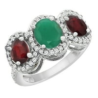 14k bijelo zlato Prirodni smaragd i poboljšani rubin 3-kameni prsten ovalni dijamant naglasak, veličina