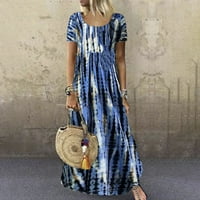 Ljetne haljine Trendi kratki rukav A-line Maxi labav otisak kraljevske krade plave m