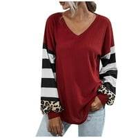 Scyoekwg majice s dugim rukavima za žene Fall moda V izrez Leopard Striped Solid spajanje Ležerne prilike labave fit bluze Lagani mekani tunički vrhovi Jeseni vrhovi TOP-ovi na vrhu Pulover Red XL
