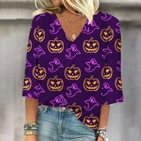 Halloween Majice za žene Ženske modne modne ženske bluze za ženske majice casual labave majice rukavice s rukavima Halloween Print V Vrući za vrhove tiskane majice The Tamne Purple XL