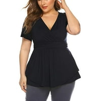 Ženska ljetna plus veličina labava modna majica V-izrez kratki rukav čvrste ispisane labave bluze tunike