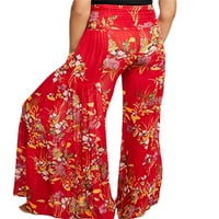 Široke pantalone za noge za žene, visoki struk casual labave plamene noge ravne cvjetne tiskarske pantalone