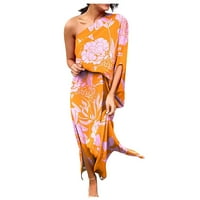 Ljetne haljine za žene dugih rukava modna linija tiskana jedno ramena haljina narančasta m