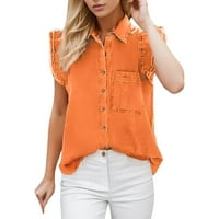Ljetni ženski deminski tenkovi slim fit čvrsta boja gumb Ogrlica ruffle majice casual džepovi dugi rukavi majica narandžasti sizexl