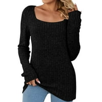Ženski džemper s kvadratnim vratom rebrasti pleteni usev s dugim rukavima Tanak opremljeni pulover vrhovi