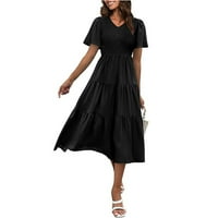 Hanas haljine ženske casual ljeto V izrez kratki rukav visoki struk srušili su liniju midi haljina crna m