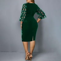 ECQKAME PLUS Veličina haljina moda Žene casual dugih rukava okrugla vrat tiskana duljina koljena zelena