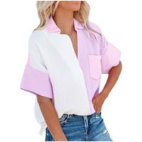 Casual Button Up majice za žene Trendi blok u boji Ispis Ljeto kratki rukav v bluza za patchwork bluza