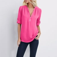 Ketyyh-Chn ženska šifon košulja casual rukave šifonske bluze košulje V izrez Tunic Top Hot Pink, XL