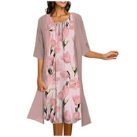 Cleance Summer Haljine za žene Cvjetni izrez A-line Duljina koljena, haljina za rukavice ružičaste 2xL