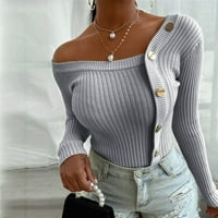 Žene sa ramenim džemper seksi dugih rukava pleteni pulover Dugme Slim Fit pletena bluza majice