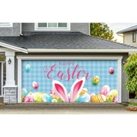 Sretan uskršnji zeko uši na vratima, boja: plava, originalni dekor banera za prazničnu garažu