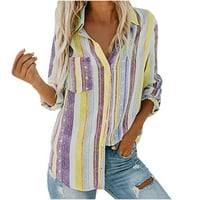 QucoQPE Womens V izrez Striped majice Roll up rufne gumb dolje bluze vrhovi sa džepom za prsa sa labavim
