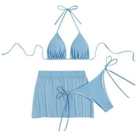 Haxmnou Ženska kupaonica Soild Color Split tri mreža bluza suknja Bikini ljetni kupaći kostim plavi l