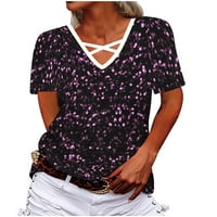 Usmixi slatki vrhovi za žene leptir print V-izrez kratkih rukava s majicama ljetna moda izdubljena zatamnjena