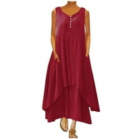 Ljetne maxi haljine ženske plus veličine ruched gumba gore v vrat bez rukava bez rukava casual labav posteljina duga haljina s džepovima a-line asimetrična haljina crvena 3xl