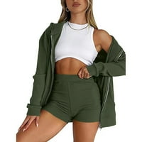 Absuyy ženske casual odijela Prodaja solidne boje Sportski odijelo Zipper Cardigan dugih rukava s kapuljačom s kapuljačom Shorts Set Army Green Size S