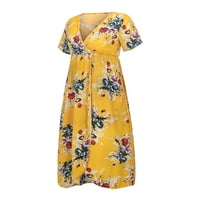 Gyouwnll Maxi haljine za žene Modne žene kratki rukav V-izrez cvjetni ispisani zvono s visokim maxi