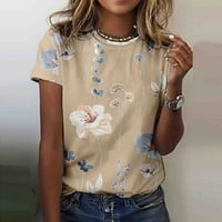 Slatka stalna odjeća Ženska moda Casual Clower Short rukava Print Okrugli vrat Pulover Top Bluza Khaki