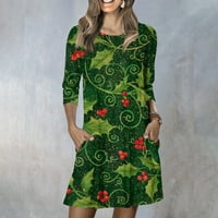 Midi haljine za žene formalne plus veličine žene modni božićni print okrugli vrat devet-točka džepne haljine rukava zelena xs