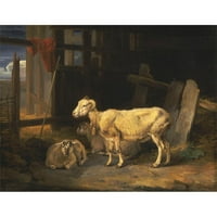 James Ward Black Ornate Wood Framed Double Matted Museum Art Print pod nazivom: Heath Ewe and Lambs