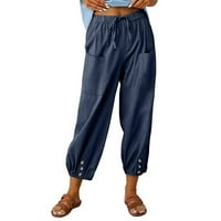 Bayell pamučne posteljine obrezane hlače za žene visoke strukske vučne vrećice Capri hlače široke noge
