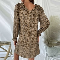 Jesenske ženske zabavne haljine V-izrez Leopard Print Ruffle Loose Shift haljina High Split dugih rukava