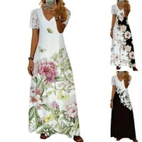 Žene Ljeto V izrez Čipka za izrez Kratki rukav Print Elegantna dugačka boemska haljina