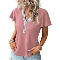 Dame V-izrez čipka za šivanje gornje majice s kratkim rukavima, ružičaste boje, ružičaste, xxl, 48%